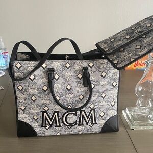 MCM Black and Gray Monogram Tote with Clutch